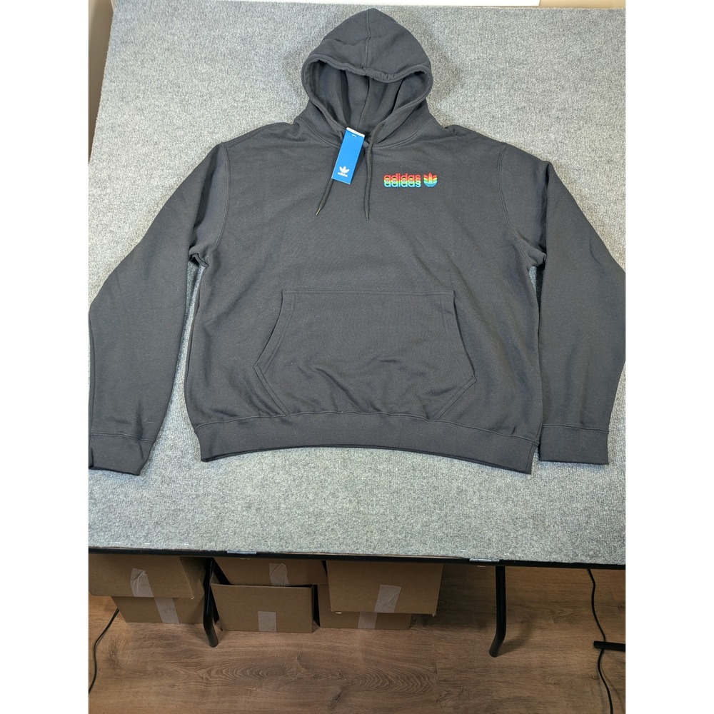 Adidas Originals Mens 2XL Charcoal Grey Multi Color Stacked Logo Hoodie NWT 2342